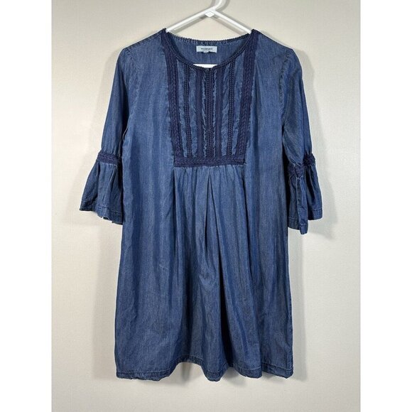 Max Studio Dress Womens Small‎ Blue Shift Chambray Bell Sleeves Boho Embroidered - Picture 1 of 12